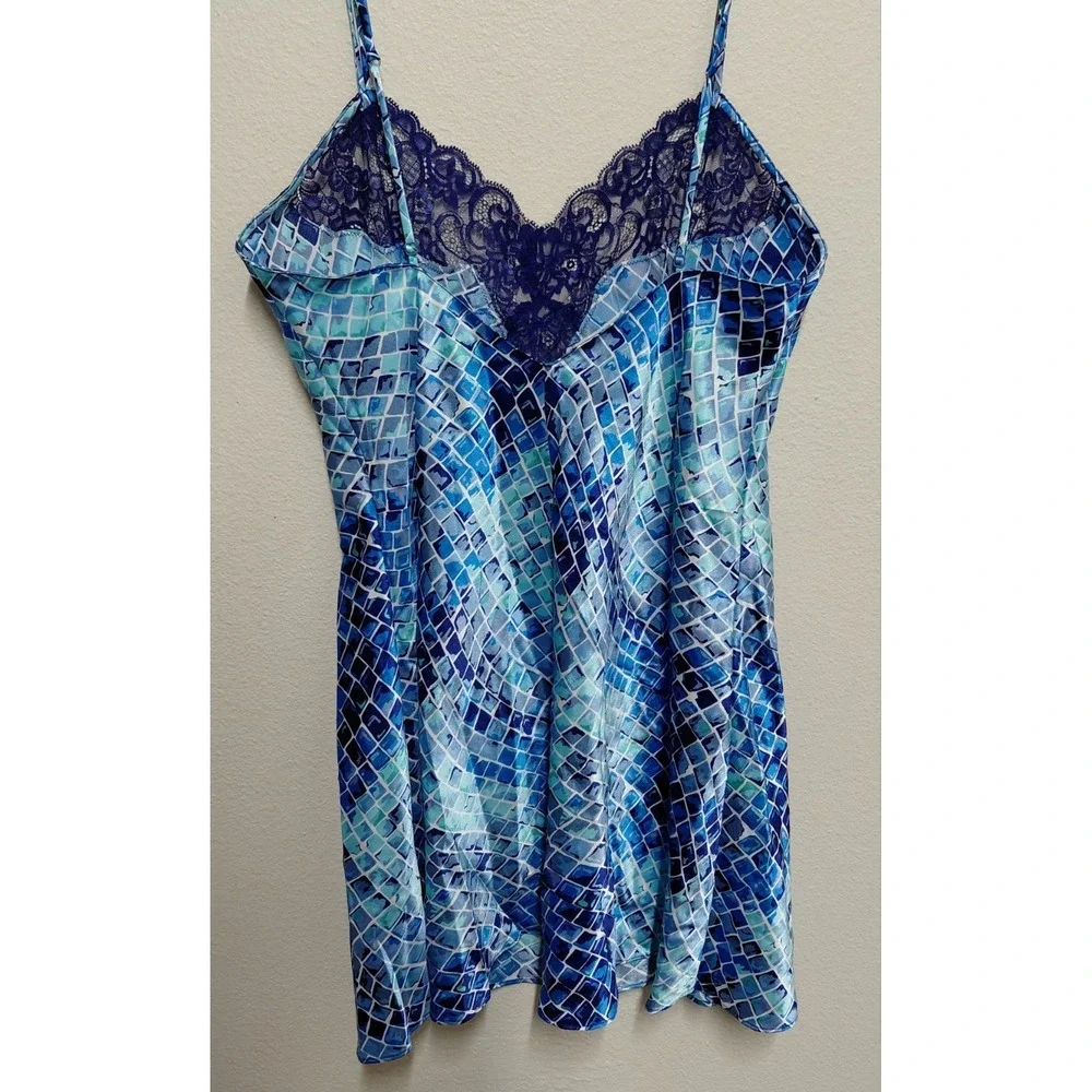 Vtg 90s Victoria's Secret Heart Tag Blue Mosaic Satin Lace Chemise L